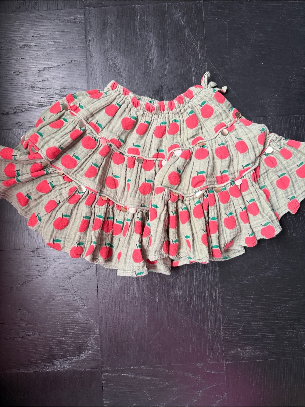 Pink Chicken Girls green Ruffled Skirt with Red Apple Print paillettes size 7